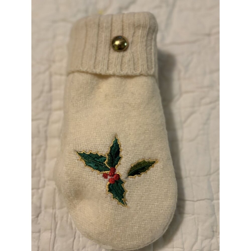 Vintage Wool Mittens With Holly & Pine Embroidery Brass Button & Fleece Lining